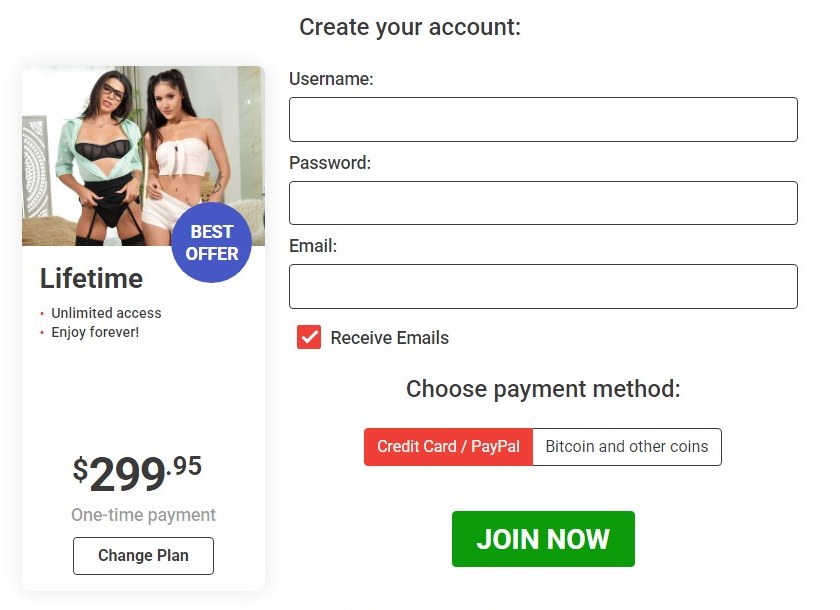 PornCornVR join form on the lifetime plan showing Credit Card, PayPal and Bitcoin as payment methods