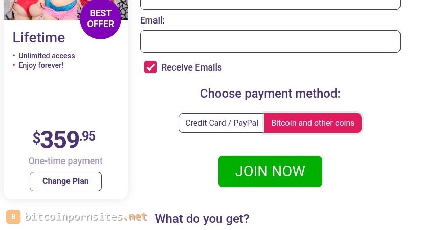 RealJamVR join form with Bitcoin selected, turning the $359.95 lifetime into a one-time payment